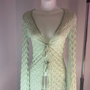 SHEIN Light Green Cable Knit Tie-Front Blouse